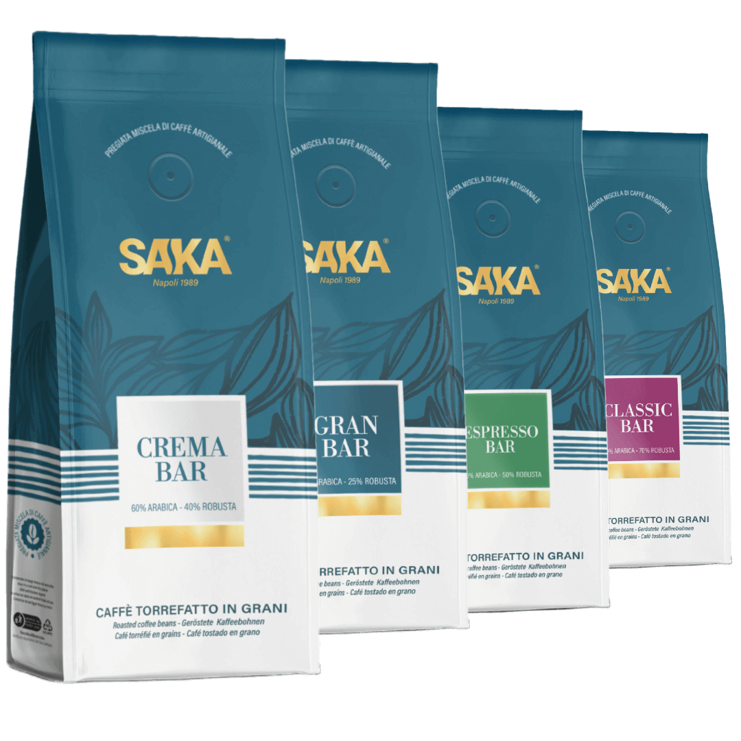 Four Saka Espresso coffee packaging bags on a white background